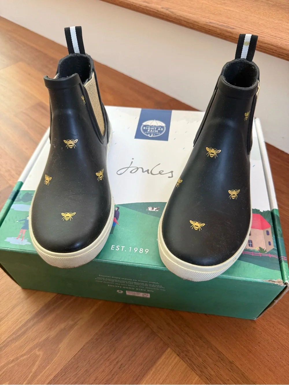 Joules Black Chelsea Rain Boots with Gold Bee Detail